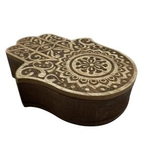 Positive Intentions Hamsa Hand Wood Trinket Box Velvet Lined Boho Altar Decor